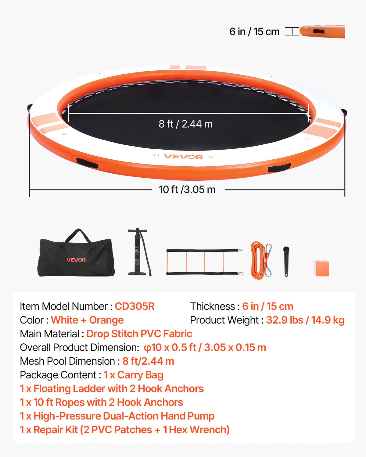 VEVOR Inflatable Floating Dock, 10 FT Inflatable Dock Platform, Non-Slip Water Air Mat with Portable Carrying Bag & Detachable Ladder, Floating Water Platform Island Raft for Pool Beach Ocean, Orange - CQFTYX10FTCSK1WG0001V0 - view 8