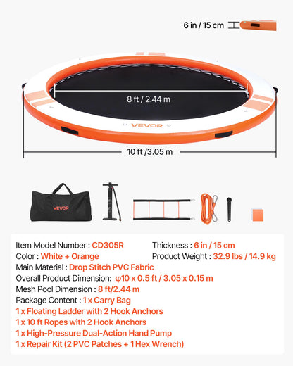 VEVOR Inflatable Floating Dock, 10 FT Inflatable Dock Platform, Non-Slip Water Air Mat with Portable Carrying Bag & Detachable Ladder, Floating Water Platform Island Raft for Pool Beach Ocean, Orange - CQFTYX10FTCSK1WG0001V0 - view 8