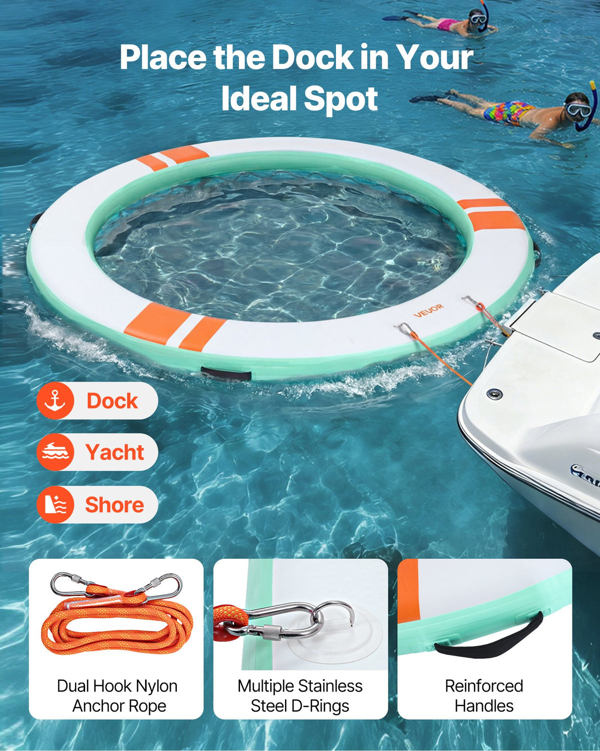 VEVOR Inflatable Floating Dock, 10FT Round Inflatable Dock Platform, Non-Slip Water Floating Mat with Portable Carrying Bag & Detachable Ladder, Platform Island Raft for Pool Beach Ocean - CQFTYX10FTWZDP1XN001V0 - view 5