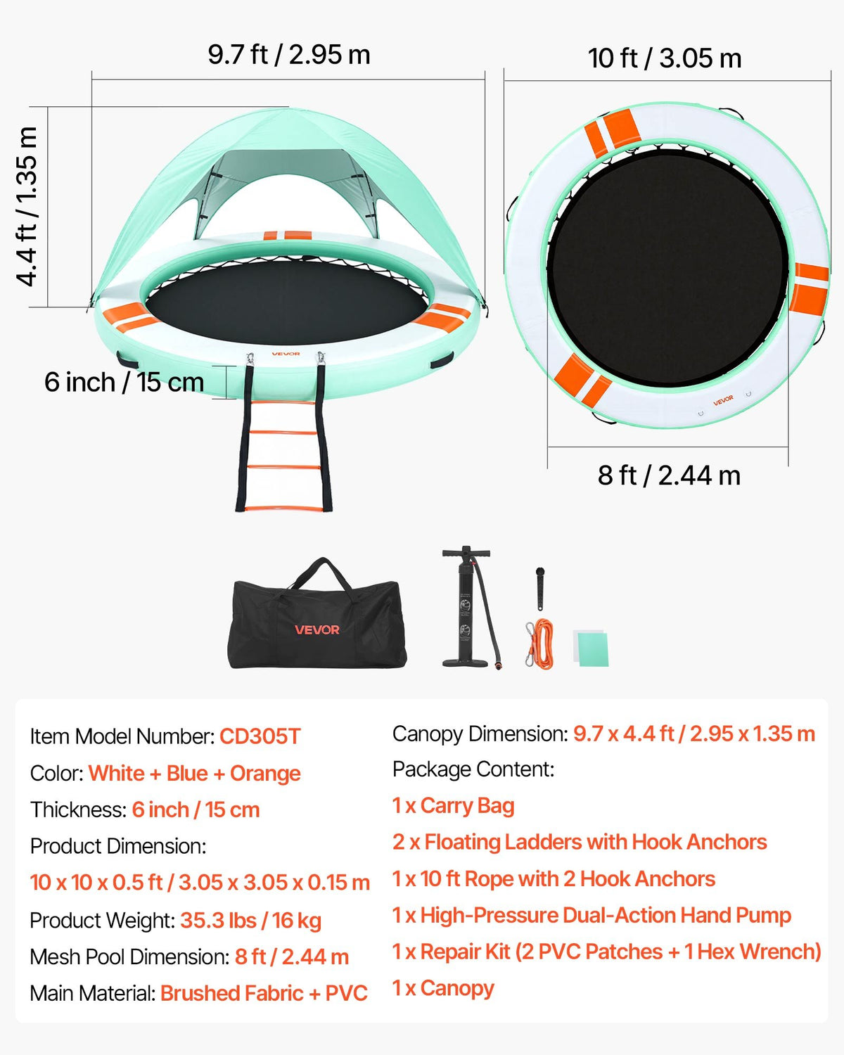 VEVOR Inflatable Floating Dock, 10FT Round Inflatable Dock Platform, Non-Slip Water Floating Mat with Portable Carrying Bag & Detachable Ladder, Platform Island Raft for Pool Beach Ocean - CQFTYX10FTWZDP1XN001V0 - view 8