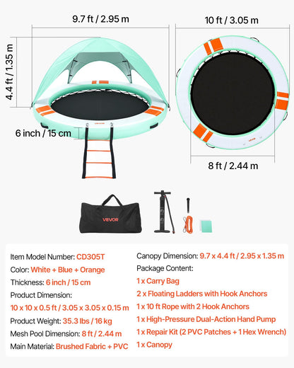 VEVOR Inflatable Floating Dock, 10FT Round Inflatable Dock Platform, Non-Slip Water Floating Mat with Portable Carrying Bag & Detachable Ladder, Platform Island Raft for Pool Beach Ocean - CQFTYX10FTWZDP1XN001V0 - view 8