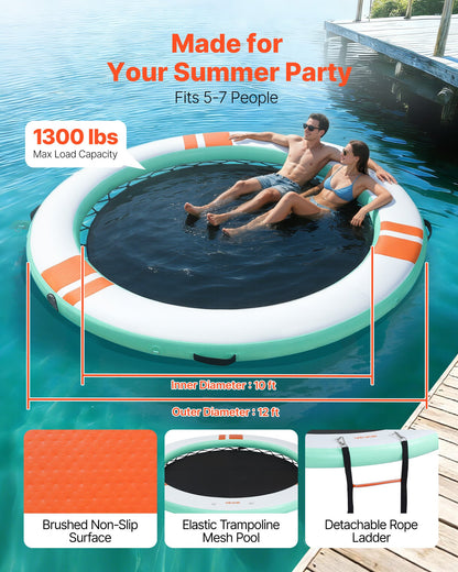 VEVOR Inflatable Floating Dock, 12 FT Round Inflatable Dock Platform, Non-Slip Water Air Mat with Portable Carrying Bag and Detachable Ladder, Floating Water Platform Island Raft for Pool Beach Ocean - CQFTYX12FTWZU523X001V0 - view 3
