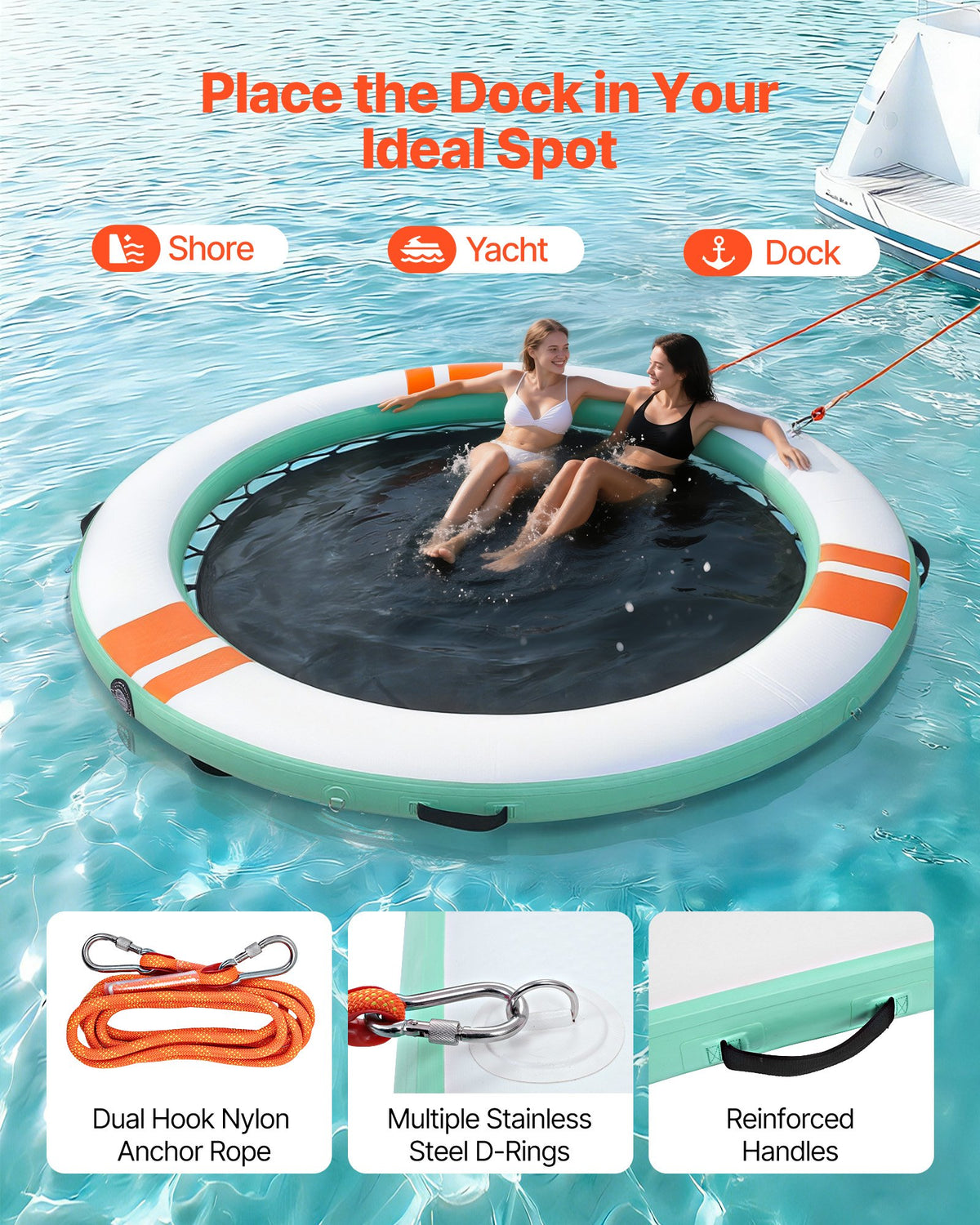 VEVOR Inflatable Floating Dock, 12 FT Round Inflatable Dock Platform, Non-Slip Water Air Mat with Portable Carrying Bag and Detachable Ladder, Floating Water Platform Island Raft for Pool Beach Ocean - CQFTYX12FTWZU523X001V0 - view 5