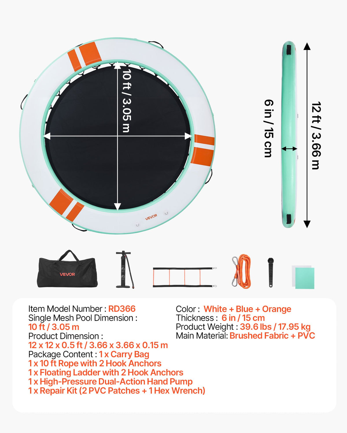 VEVOR Inflatable Floating Dock, 12 FT Round Inflatable Dock Platform, Non-Slip Water Air Mat with Portable Carrying Bag and Detachable Ladder, Floating Water Platform Island Raft for Pool Beach Ocean - CQFTYX12FTWZU523X001V0 - view 8