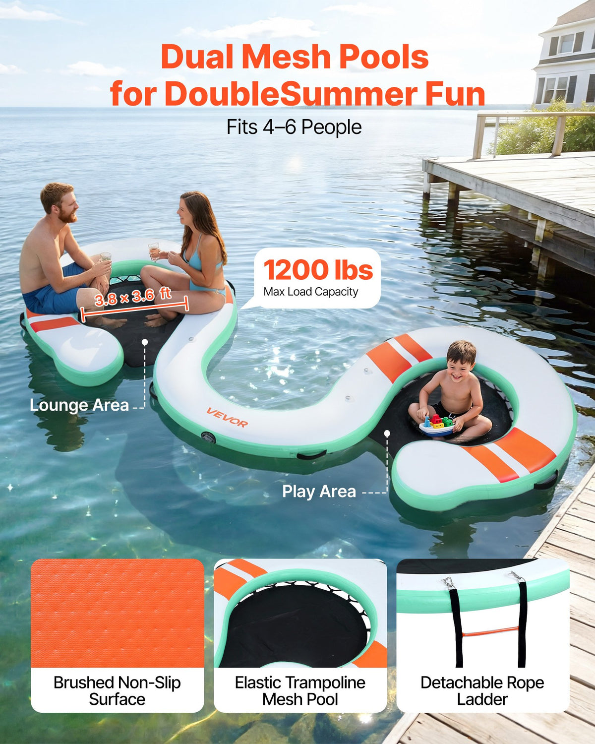 VEVOR Inflatable Floating Dock, 15 x 6 FT Inflatable Dock Platform, Non-Slip Water Air Mat with Portable Carrying Bag and Detachable Ladder, Floating Water Platform Island Raft for Pool Beach Ocean - CQFTYX156FTW7L9QO001V0 - view 3