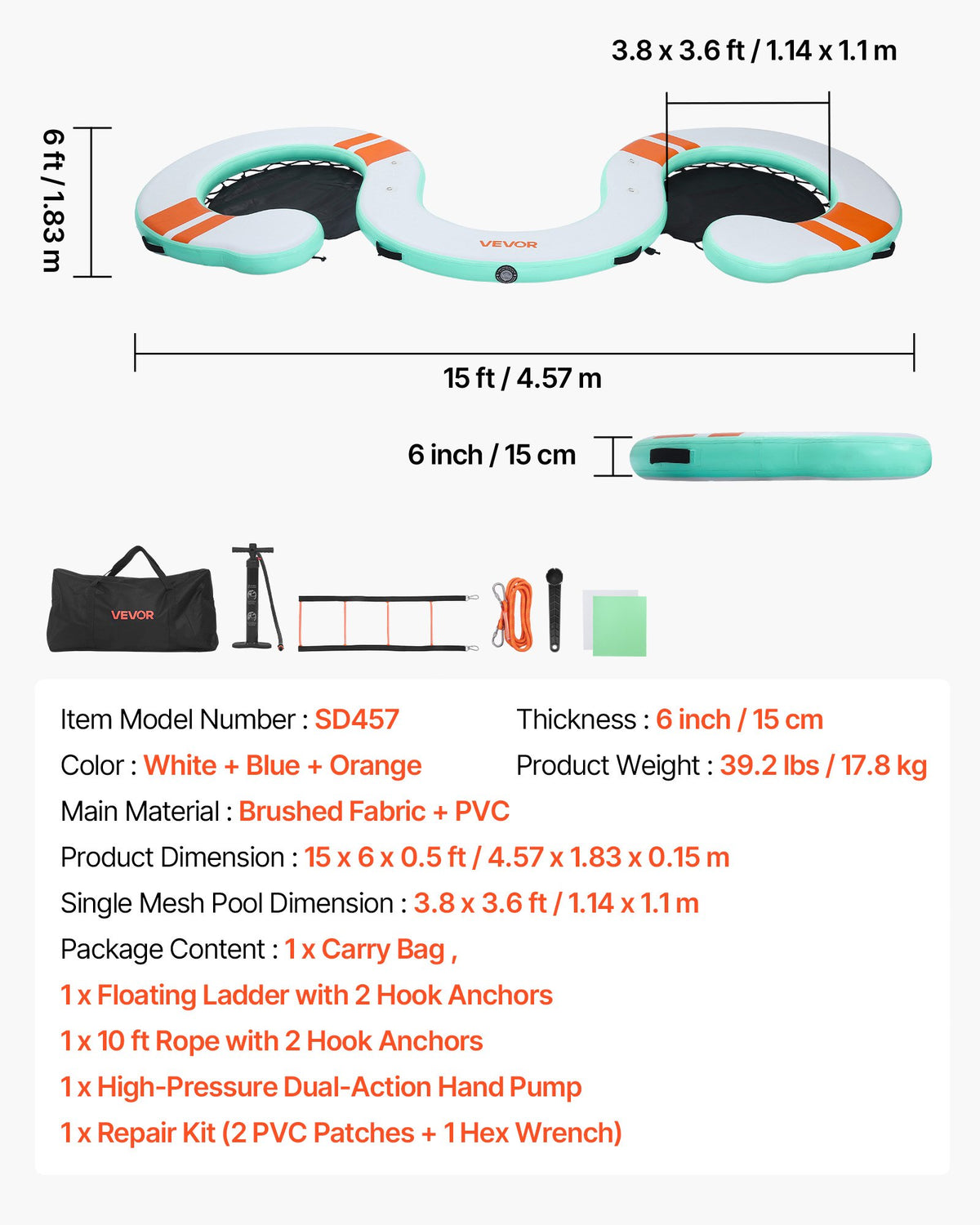 VEVOR Inflatable Floating Dock, 15 x 6 FT Inflatable Dock Platform, Non-Slip Water Air Mat with Portable Carrying Bag and Detachable Ladder, Floating Water Platform Island Raft for Pool Beach Ocean - CQFTYX156FTW7L9QO001V0 - view 8