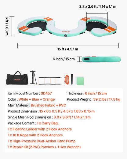 VEVOR Inflatable Floating Dock, 15 x 6 FT Inflatable Dock Platform, Non-Slip Water Air Mat with Portable Carrying Bag and Detachable Ladder, Floating Water Platform Island Raft for Pool Beach Ocean - CQFTYX156FTW7L9QO001V0 - view 8