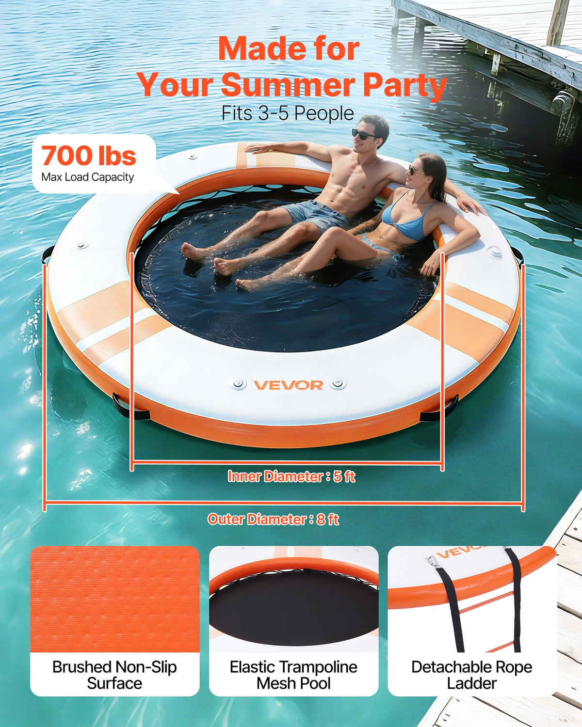 VEVOR Inflatable Floating Dock, 8 FT Inflatable Dock Platform, Non-Slip Water Air Mat with Portable Carrying Bag and Detachable Ladder, Floating Water Platform Island Raft for Pool Beach Ocean, Orange - CQFTYX8FTCSWB26F7001V0 - view 3