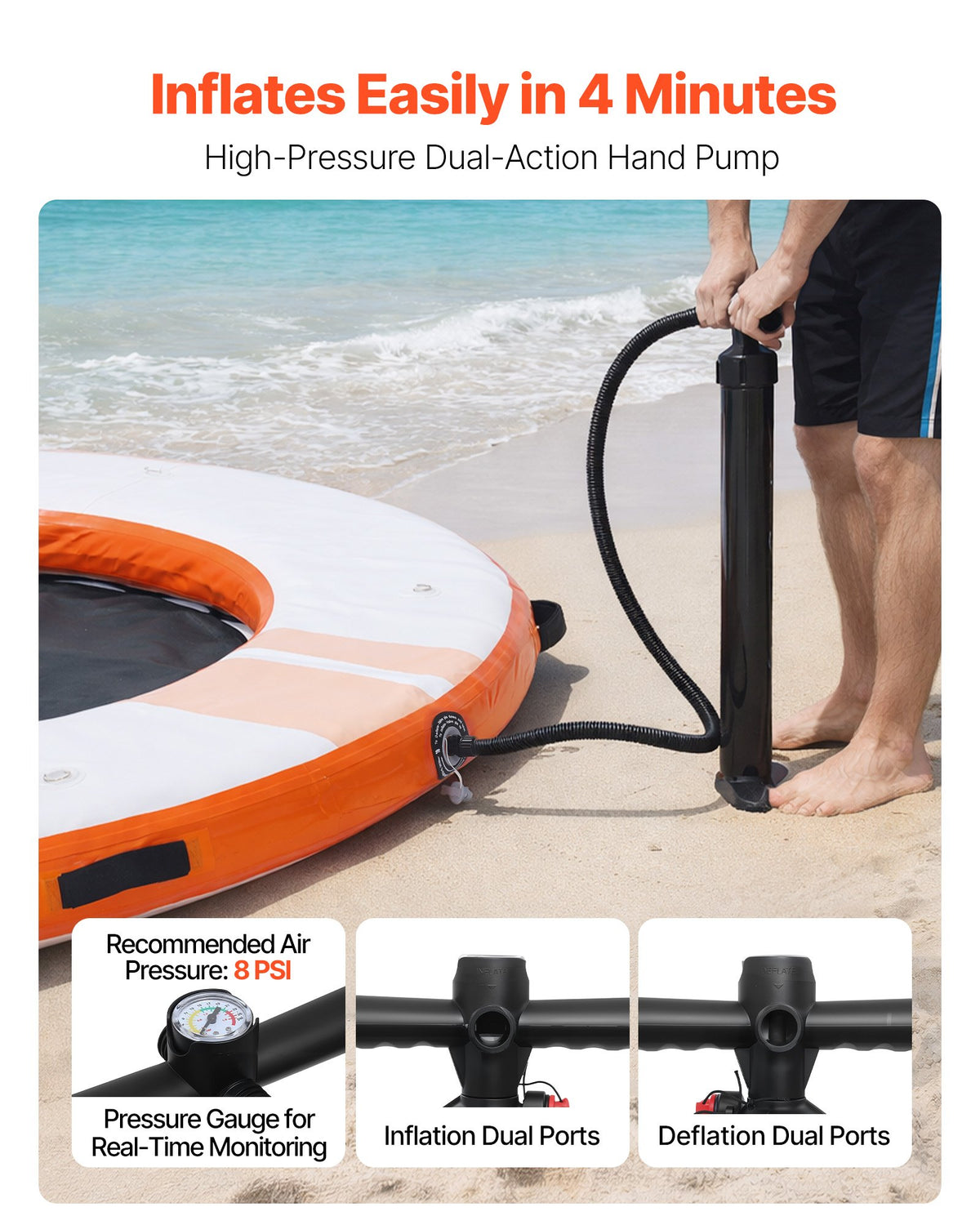 VEVOR Inflatable Floating Dock, 8 FT Inflatable Dock Platform, Non-Slip Water Air Mat with Portable Carrying Bag and Detachable Ladder, Floating Water Platform Island Raft for Pool Beach Ocean, Orange - CQFTYX8FTCSWB26F7001V0 - view 6