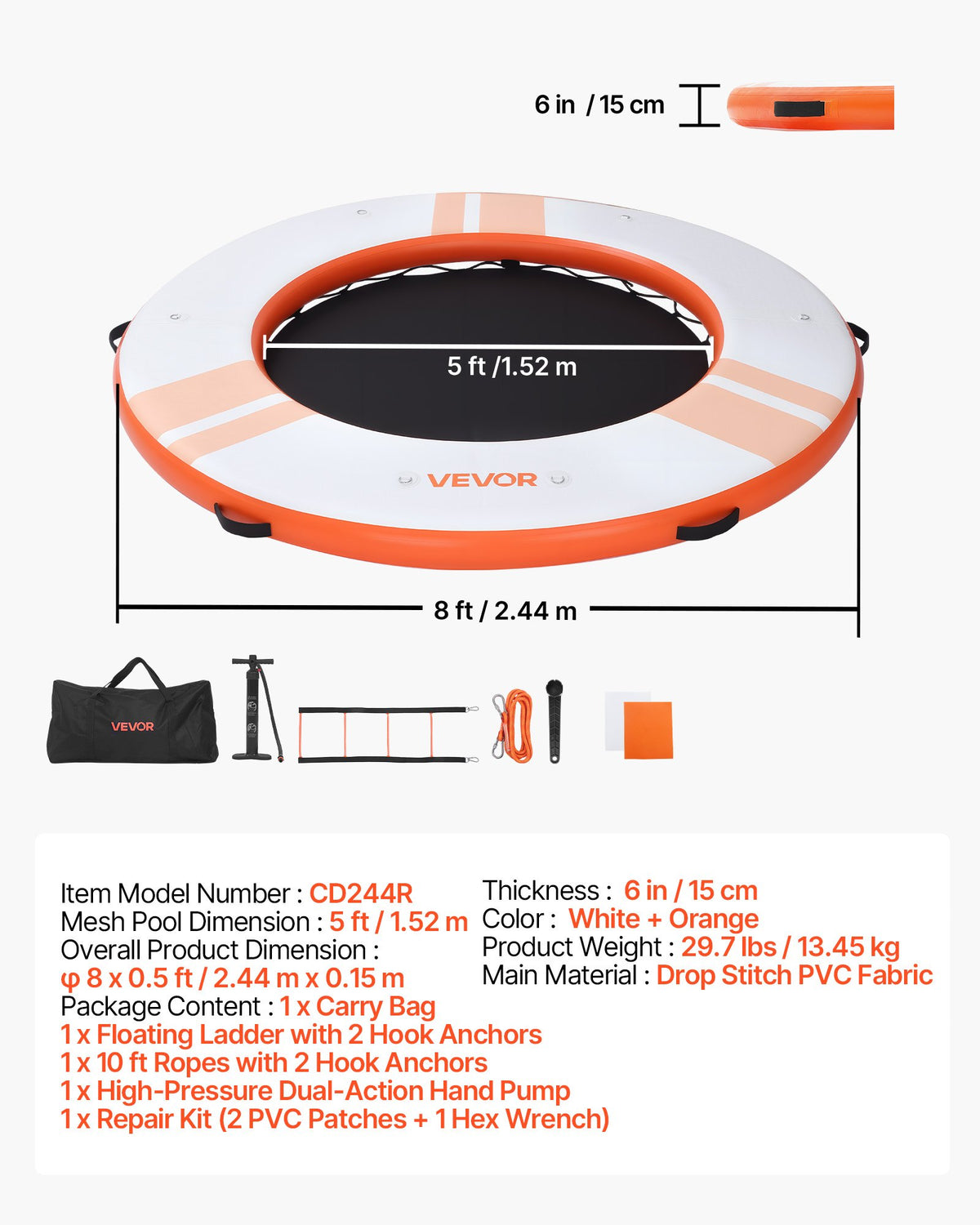 VEVOR Inflatable Floating Dock, 8 FT Inflatable Dock Platform, Non-Slip Water Air Mat with Portable Carrying Bag and Detachable Ladder, Floating Water Platform Island Raft for Pool Beach Ocean, Orange - CQFTYX8FTCSWB26F7001V0 - view 8
