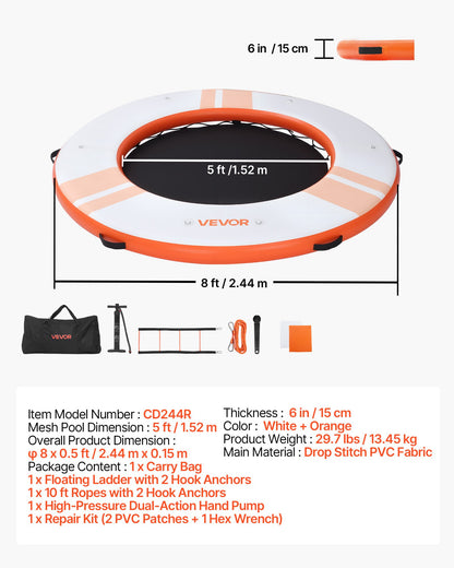 VEVOR Inflatable Floating Dock, 8 FT Inflatable Dock Platform, Non-Slip Water Air Mat with Portable Carrying Bag and Detachable Ladder, Floating Water Platform Island Raft for Pool Beach Ocean, Orange - CQFTYX8FTCSWB26F7001V0 - view 8