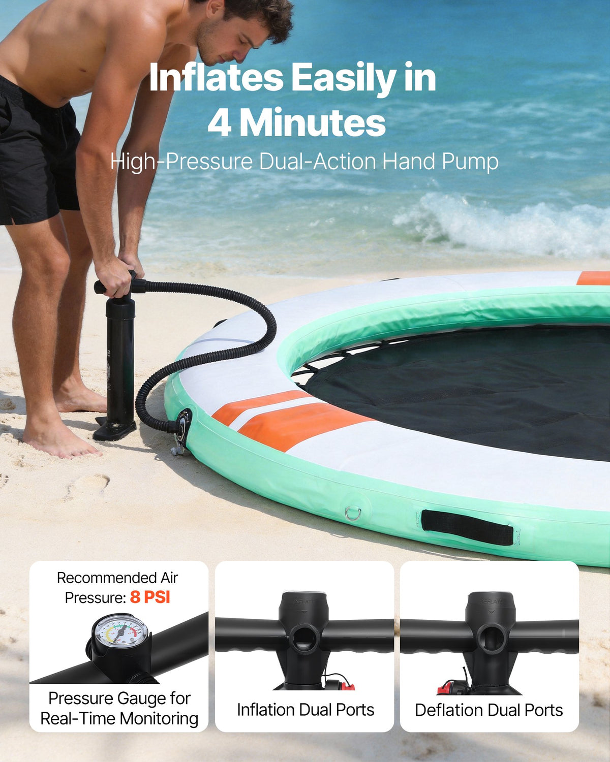 VEVOR Inflatable Floating Dock, 8 FT Round Inflatable Dock Platform, Non-Slip Water Floating Mat with Portable Carrying Bag & Detachable Ladder, Platform Island Raft for Pool Beach Ocean - CQFTYX8FTWZXGFXYE001V0 - view 6