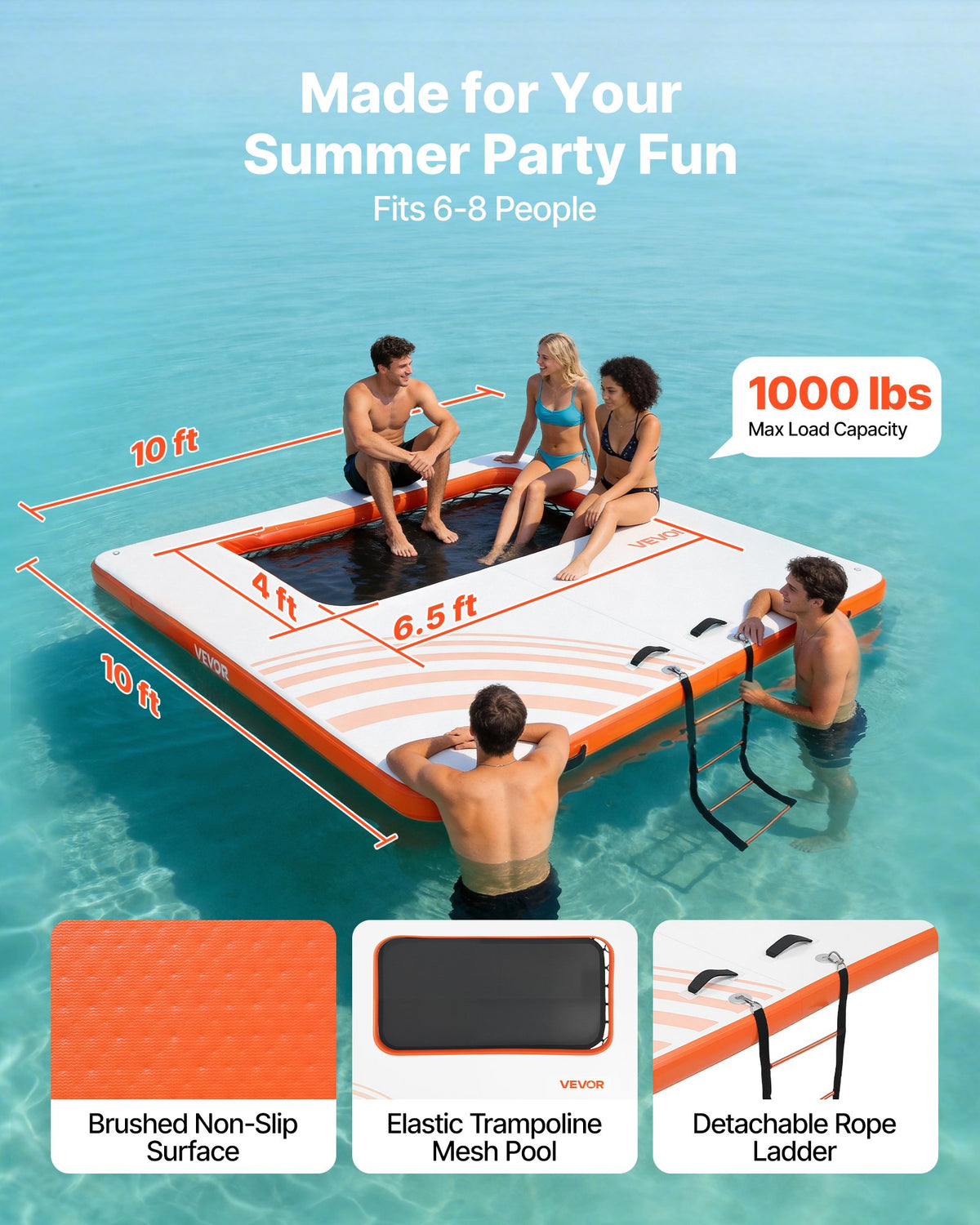 VEVOR Inflatable Floating Dock, 10 x 10 FT Inflatable Dock Platform, Non-Slip Water Air Mat with Portable Carrying Bag and Detachable Ladder, Floating Water Platform Island Raft for Pool Beach Ocean - CQFTZFX1010FY2ANJ001V0 - view 3