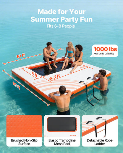 VEVOR Inflatable Floating Dock, 10 x 10 FT Inflatable Dock Platform, Non-Slip Water Air Mat with Portable Carrying Bag and Detachable Ladder, Floating Water Platform Island Raft for Pool Beach Ocean - CQFTZFX1010FY2ANJ001V0 - view 3