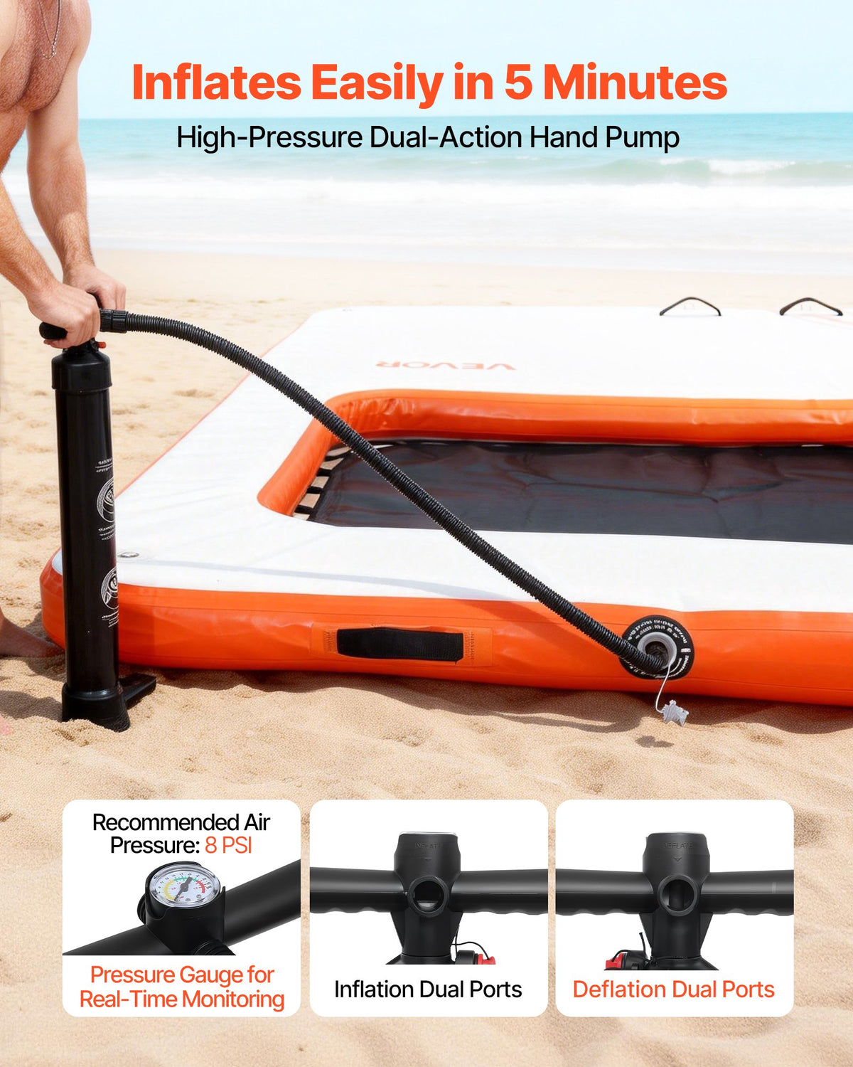 VEVOR Inflatable Floating Dock, 10 x 10 FT Inflatable Dock Platform, Non-Slip Water Air Mat with Portable Carrying Bag and Detachable Ladder, Floating Water Platform Island Raft for Pool Beach Ocean - CQFTZFX1010FY2ANJ001V0 - view 6