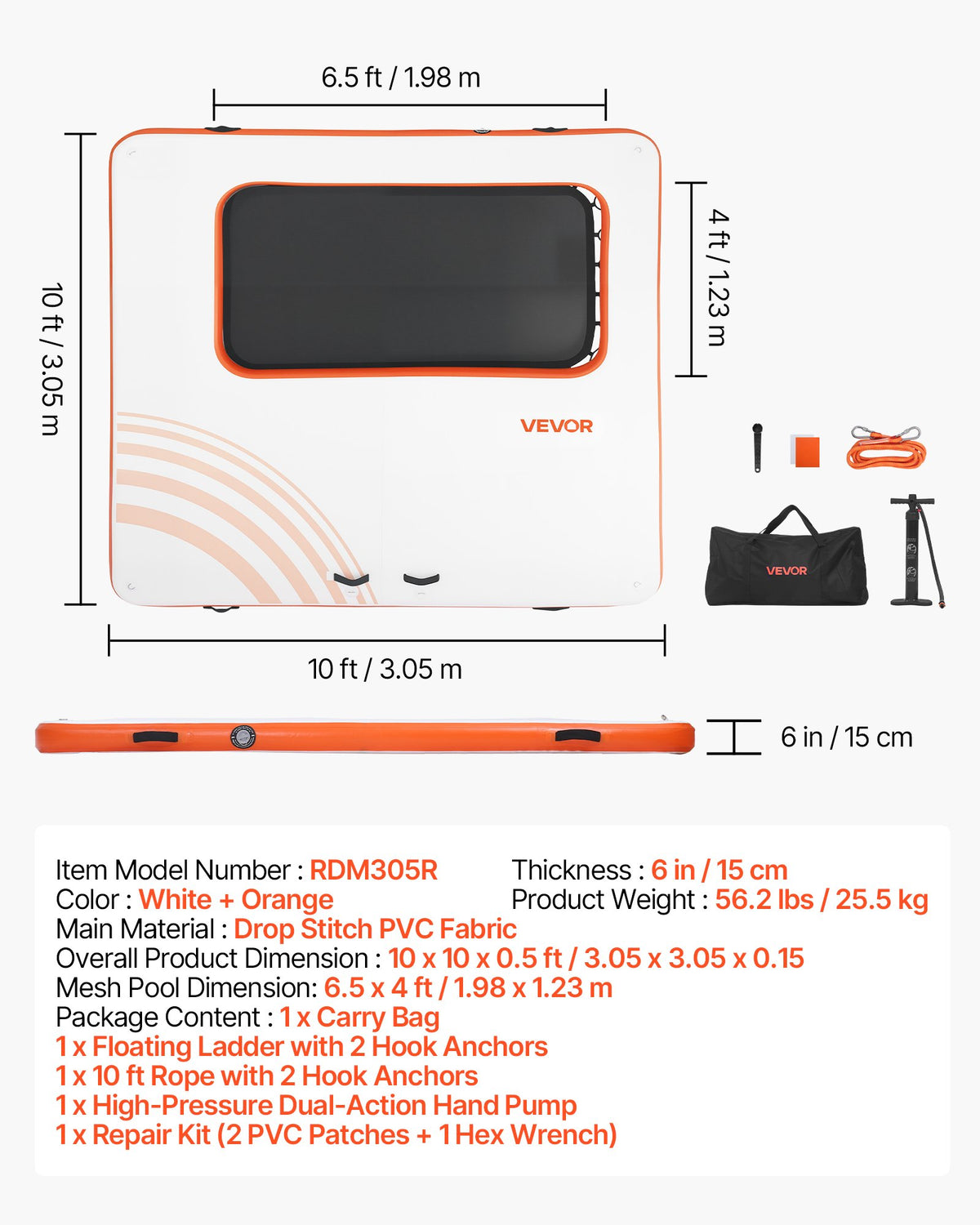 VEVOR Inflatable Floating Dock, 10 x 10 FT Inflatable Dock Platform, Non-Slip Water Air Mat with Portable Carrying Bag and Detachable Ladder, Floating Water Platform Island Raft for Pool Beach Ocean - CQFTZFX1010FY2ANJ001V0 - view 8