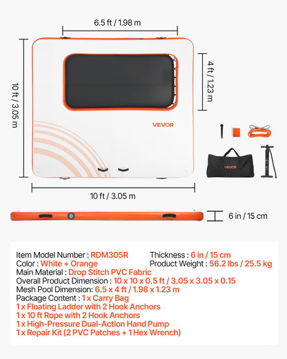 VEVOR Inflatable Floating Dock, 10 x 10 FT Inflatable Dock Platform, Non-Slip Water Air Mat with Portable Carrying Bag and Detachable Ladder, Floating Water Platform Island Raft for Pool Beach Ocean - CQFTZFX1010FY2ANJ001V0 - view 8