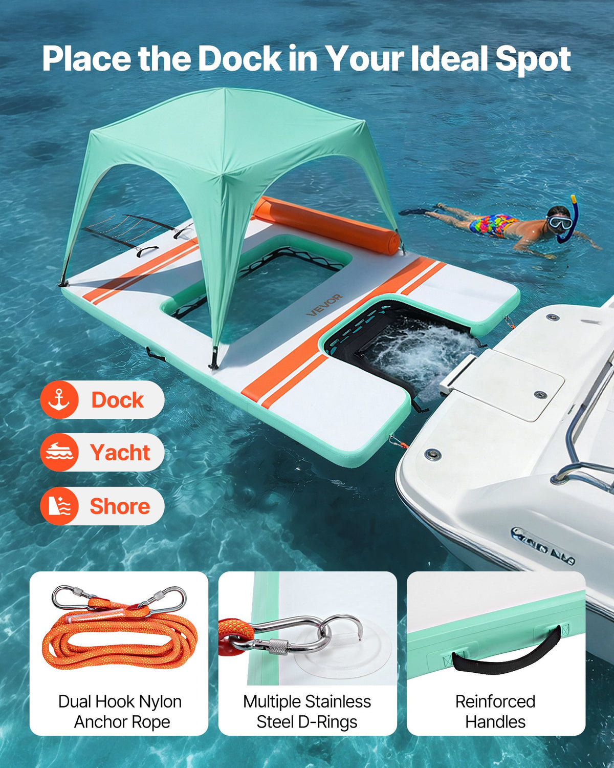VEVOR Inflatable Floating Dock, 10 x 6 FT Inflatable Dock Platform, Non-Slip Water Air Mat with Portable Carrying Bag and Detachable Ladder, Floating Water Platform Island Raft for Pool Beach Ocean - CQFTZFX106FT94P85001V0 - view 6