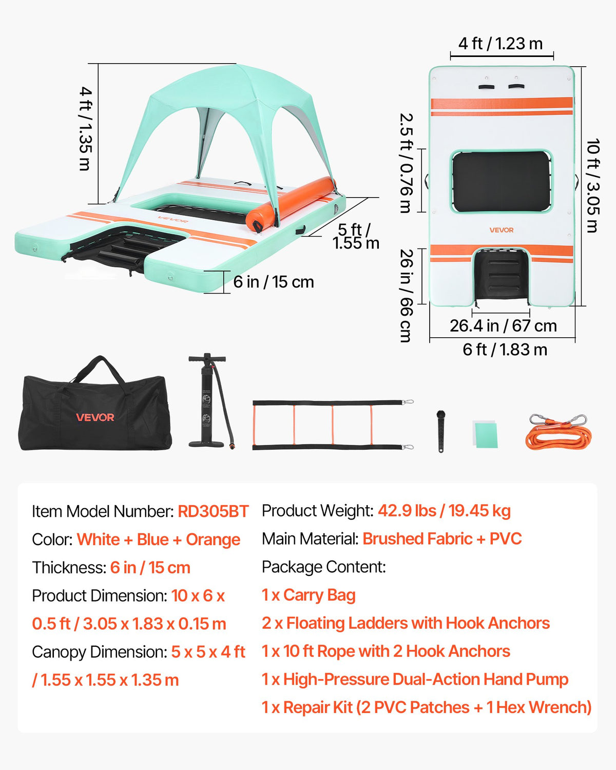VEVOR Inflatable Floating Dock, 10 x 6 FT Inflatable Dock Platform, Non-Slip Water Air Mat with Portable Carrying Bag and Detachable Ladder, Floating Water Platform Island Raft for Pool Beach Ocean - CQFTZFX106FT94P85001V0 - view 8