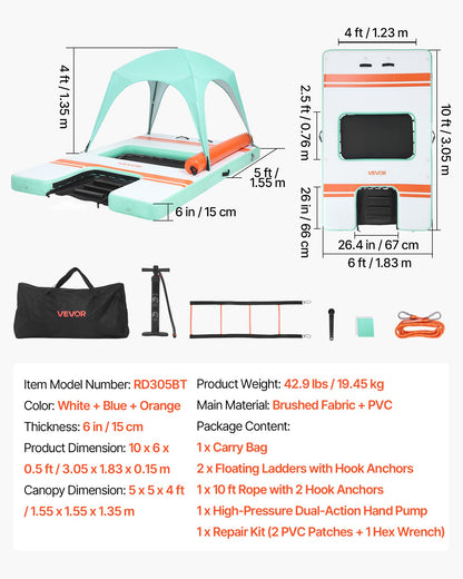VEVOR Inflatable Floating Dock, 10 x 6 FT Inflatable Dock Platform, Non-Slip Water Air Mat with Portable Carrying Bag and Detachable Ladder, Floating Water Platform Island Raft for Pool Beach Ocean - CQFTZFX106FT94P85001V0 - view 8