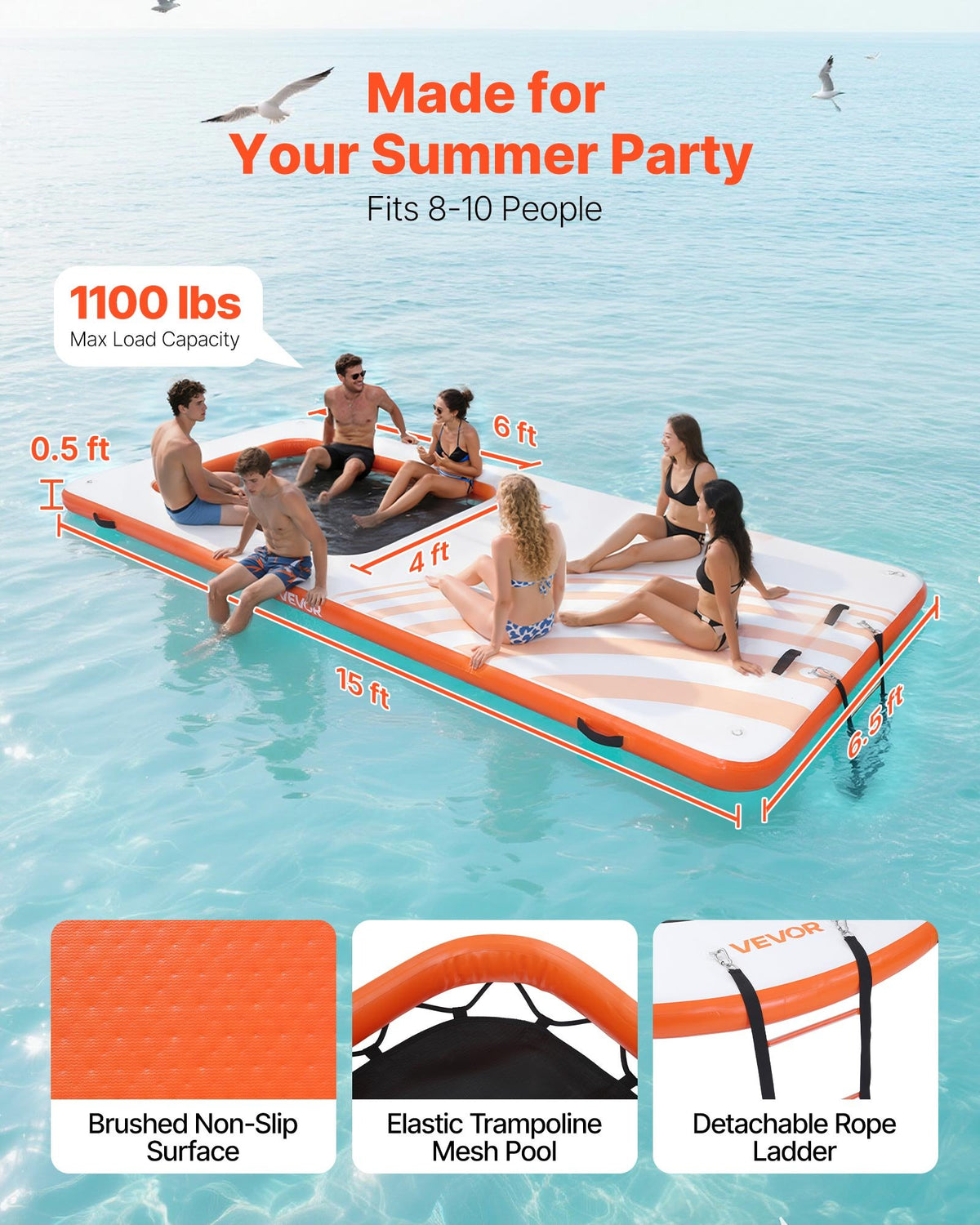 VEVOR Inflatable Floating Dock, 15 x 6.5 FT Inflatable Dock Platform, Non-Slip Water Air Mat with Portable Carrying Bag and Detachable Ladder, Floating Water Platform Island Raft for Pool Beach Ocean - CQFTZFX15X651FXW5001V0 - view 3