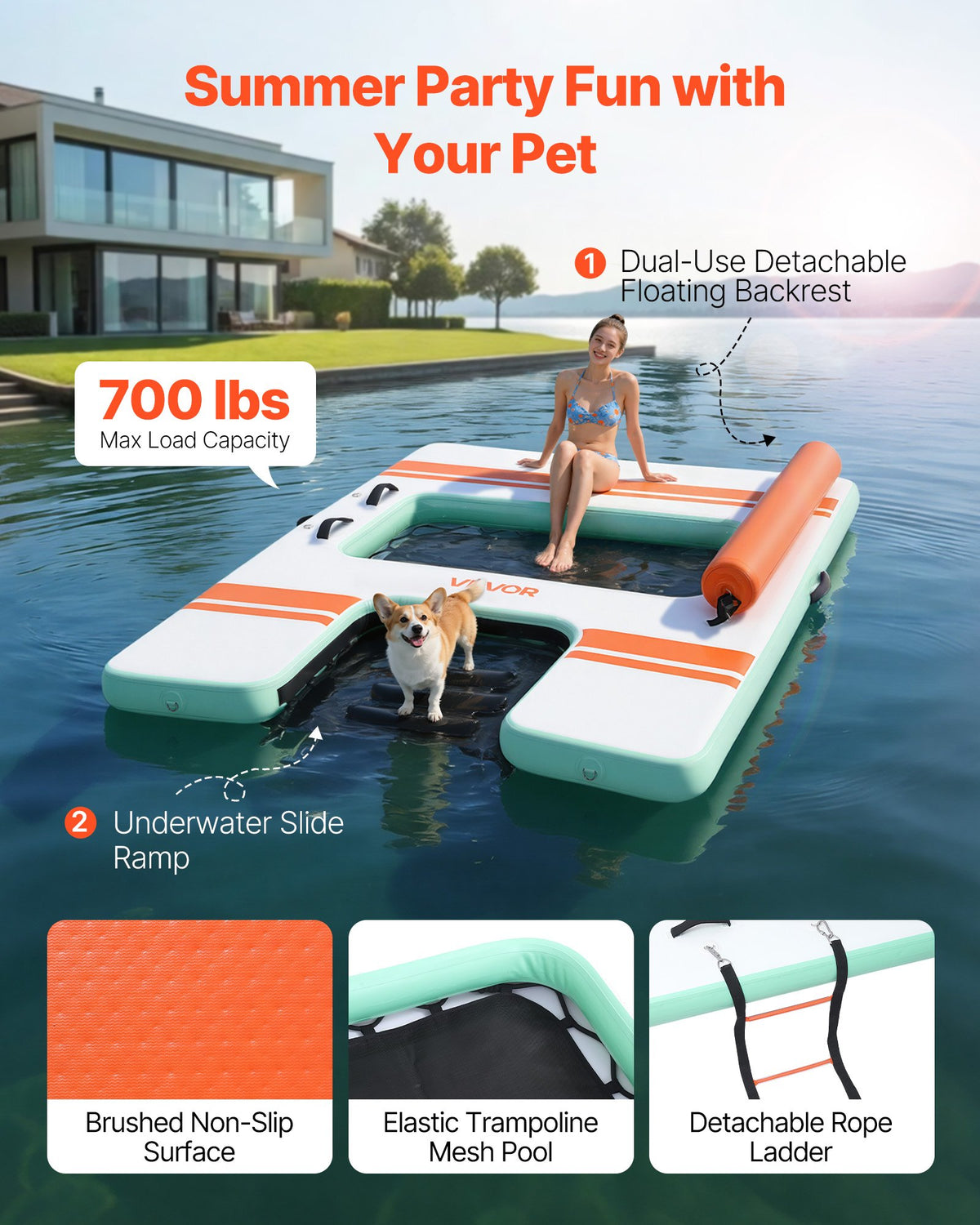 VEVOR Inflatable Floating Dock, 8 x 6 FT Inflatable Dock Platform, Non-Slip Water Air Mat with Portable Carrying Bag and Detachable Ladder, Floating Water Platform Island Raft for Pool Beach Ocean - CQFTZFX86FTWXA7VX001V0 - view 3