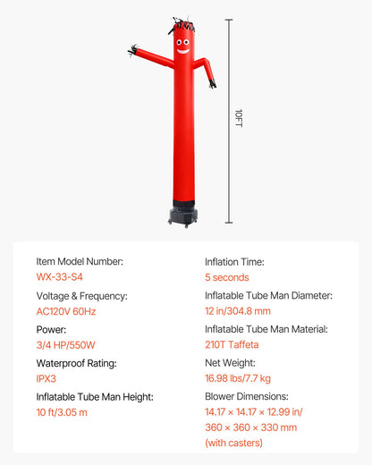 VEVOR Inflatable Tube Man with Blower, 10 ft Tall, Wacky Waving Wind Flying Inflatable Dancing Tube Guy with 3/4 HP IPX3 Waterproof Blower Fan, for Outdoor Advertising Business Store Decoration, Red - CQGR10FTHS5531YXS001V1 - view 8