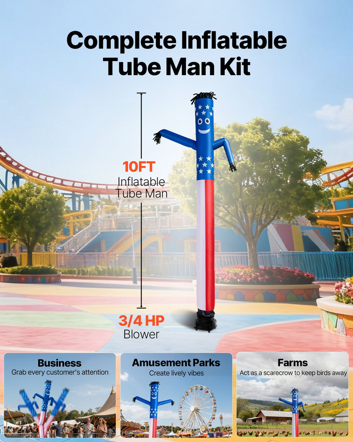 VEVOR Inflatable Tube Man with Blower, 10 ft Tall, Wacky Waving Wind Flying Inflatable Dancing Tube Guy with 3/4 HP IPX3 Waterproof Blower Fan, for Outdoor Advertising Business Store Party Decoration - CQGR10FTXTQ3I1T6T001V1 - view 3