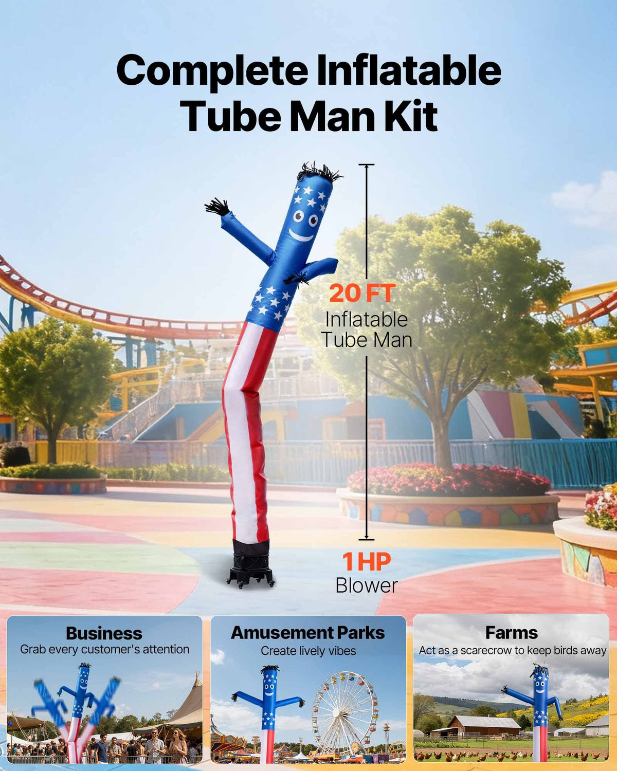 VEVOR Inflatable Tube Man with Blower, 20 ft Tall, Wacky Waving Wind Flying Inflatable Dancing Tube Guy with 1 HP IPX3 Waterproof Blower Fan, for Outdoor Advertising Business Store Party Decoration - CQGR20FTXTQ735OL1001V1 - view 3