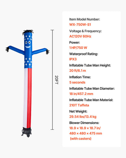 VEVOR Inflatable Tube Man with Blower, 20 ft Tall, Wacky Waving Wind Flying Inflatable Dancing Tube Guy with 1 HP IPX3 Waterproof Blower Fan, for Outdoor Advertising Business Store Party Decoration - CQGR20FTXTQ735OL1001V1 - view 8