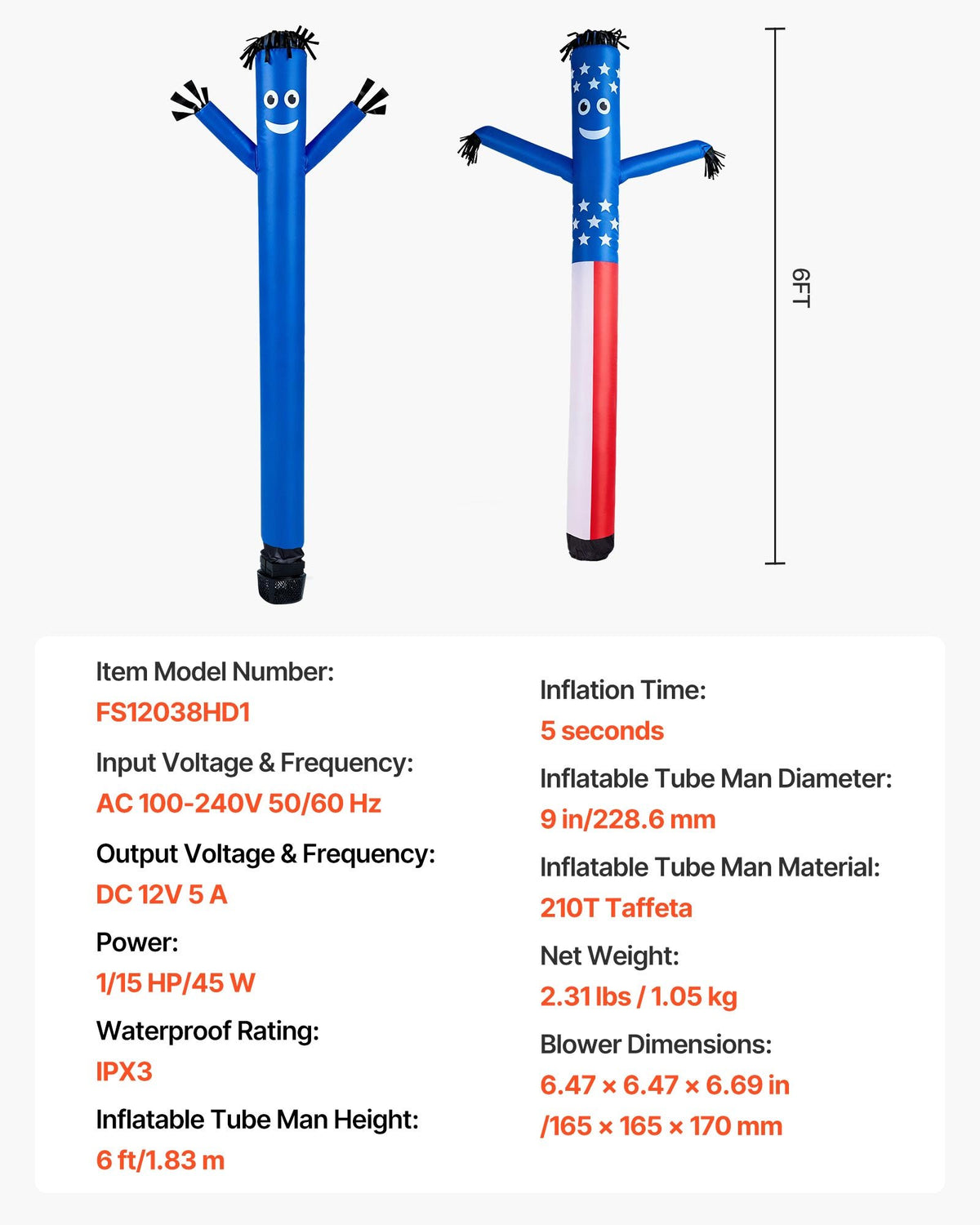 VEVOR Inflatable Tube Man with Blower, 6 ft Tall, Wacky Waving Wind Flying Inflatable Dancing Tube Guy with 1/15 HP IPX3 Waterproof Blower Fan, for Outdoor Advertising Business Store Party Decoration - CQGR6FTXTQ45M2YD8001V1 - view 8