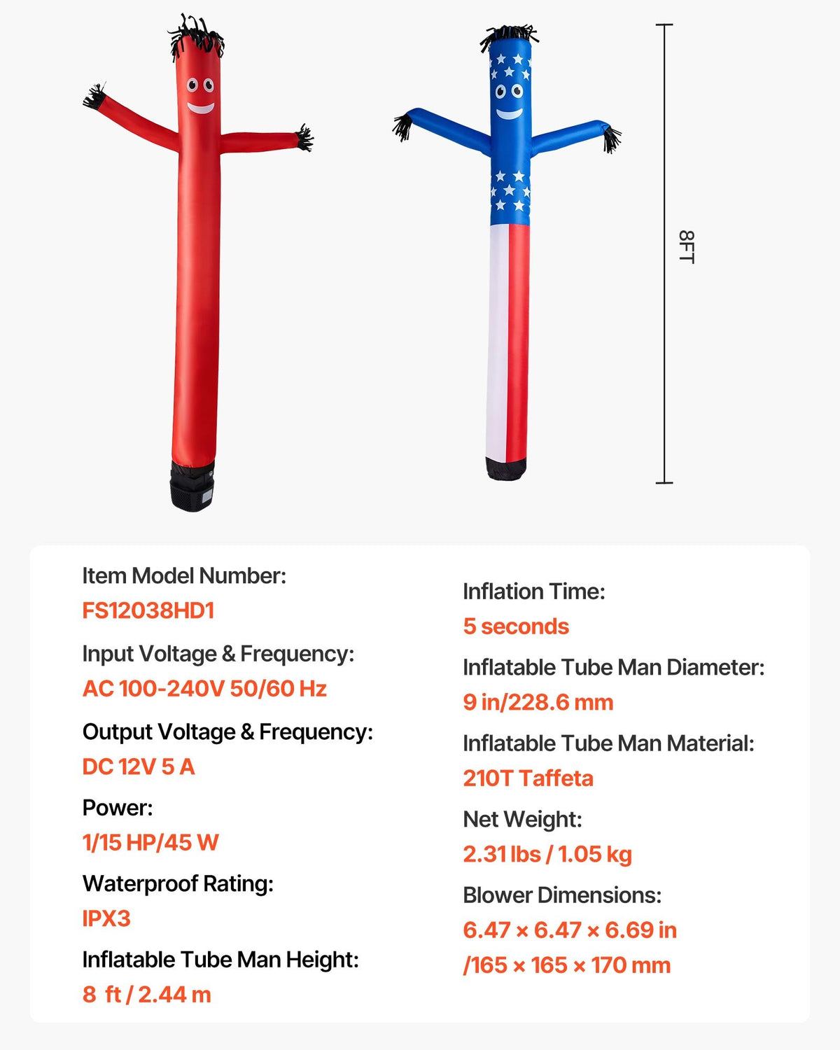 VEVOR Inflatable Tube Man with Blower, 8 ft Tall, Wacky Waving Wind Flying Inflatable Dancing Tube Guy with 1/15 HP IPX3 Waterproof Blower Fan, for Outdoor Advertising Business Store Party Decoration - CQGR8FTHS250RDE7N001V1 - view 8