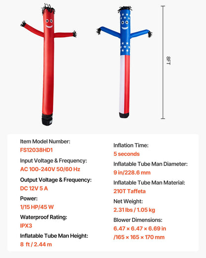VEVOR Inflatable Tube Man with Blower, 8 ft Tall, Wacky Waving Wind Flying Inflatable Dancing Tube Guy with 1/15 HP IPX3 Waterproof Blower Fan, for Outdoor Advertising Business Store Party Decoration - CQGR8FTHS250RDE7N001V1 - view 8