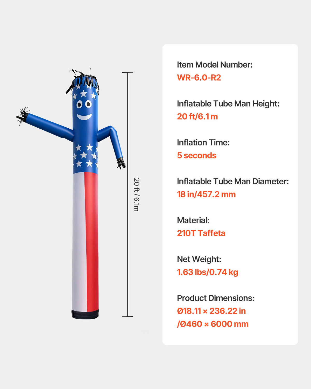 VEVOR Inflatable Tube Man, 20-Feet Tall, Wacky Waving Dancing Tube Guy, Wind Flying Arm Flailing Air Puppet, 18-Inch for Outdoor Advertising, Business Store, Increase Visibility (Blower Not Included) - CQGRBT20FTXTXTFUK001V0 - view 8