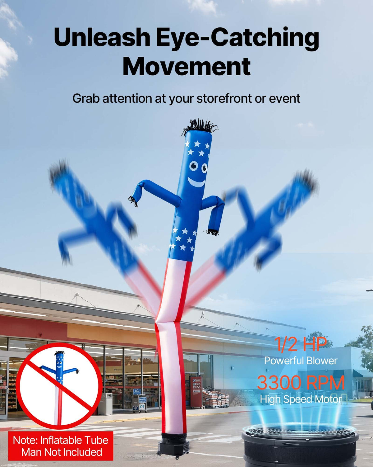 VEVOR Inflatable Tube Man Blower, 1/2 HP 370W, PP Blower Fan for Wacky Waving Tube Guy, IPX3 Waterproof, Fits 12-Inch Diameter Outdoor Arm Swing Wind Flying Puppet Dancer, Inflatable Not Included - CQGRGFJ12YC3J88DV001V1 - view 4