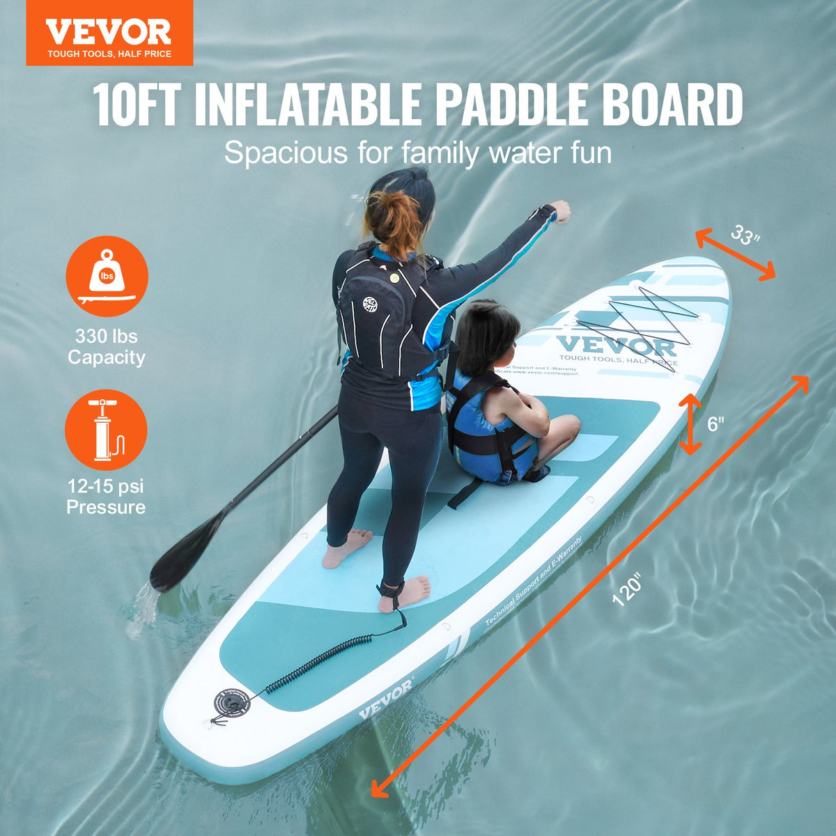 VEVOR Inflatable Stand Up Paddle Board, 10' x 33" x 6" Wide SUP Paddleboard, with Board Accessories, Pump, Paddle, Fin, Phone Bag, Backpack, Ankle Leash, Repair Kit, Non-slip Deck for Youth & Adults - CQJBPTKPTKBLR6D1UV0 - view 3