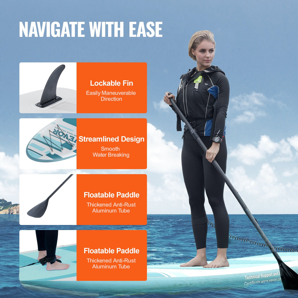 VEVOR Inflatable Stand Up Paddle Board, 10' x 33" x 6" Wide SUP Paddleboard, with Board Accessories, Pump, Paddle, Fin, Phone Bag, Backpack, Ankle Leash, Repair Kit, Non-slip Deck for Youth & Adults - CQJBPTKPTKBLR6D1UV0 - view 5
