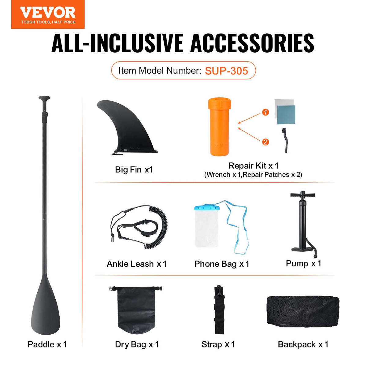 VEVOR Inflatable Stand Up Paddle Board, 10' x 33" x 6" Wide SUP Paddleboard, with Board Accessories, Pump, Paddle, Fin, Phone Bag, Backpack, Ankle Leash, Repair Kit, Non-slip Deck for Youth & Adults - CQJBPTKPTKBLR6D1UV0 - view 8