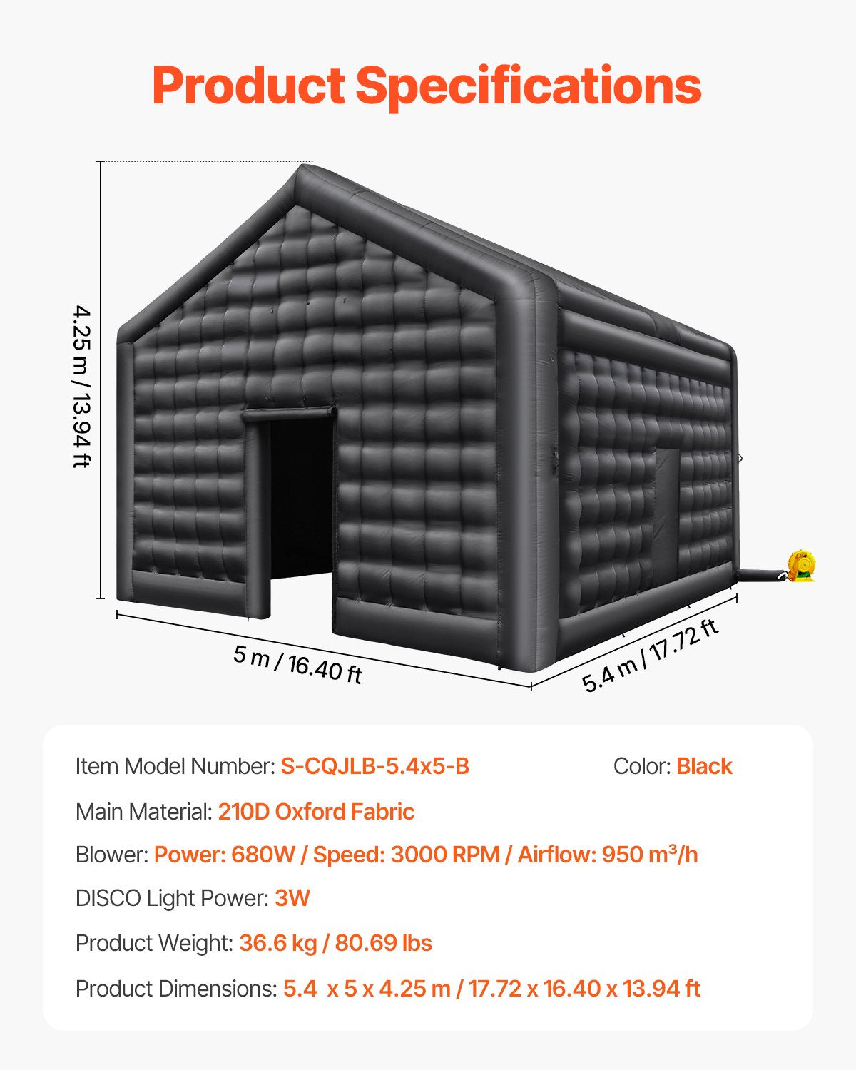 VEVOR Inflatable Nightclub, 17.7 x 16.4 x 13.9 Ft, Blow up Party Tent with Disco Lights & 680W Blower, Large Inflatable Night Club Tent for Adults, Inflatable House Air Cube for Wedding Birthday Black - CQJLB54542MHFI3VWV1 - view 8