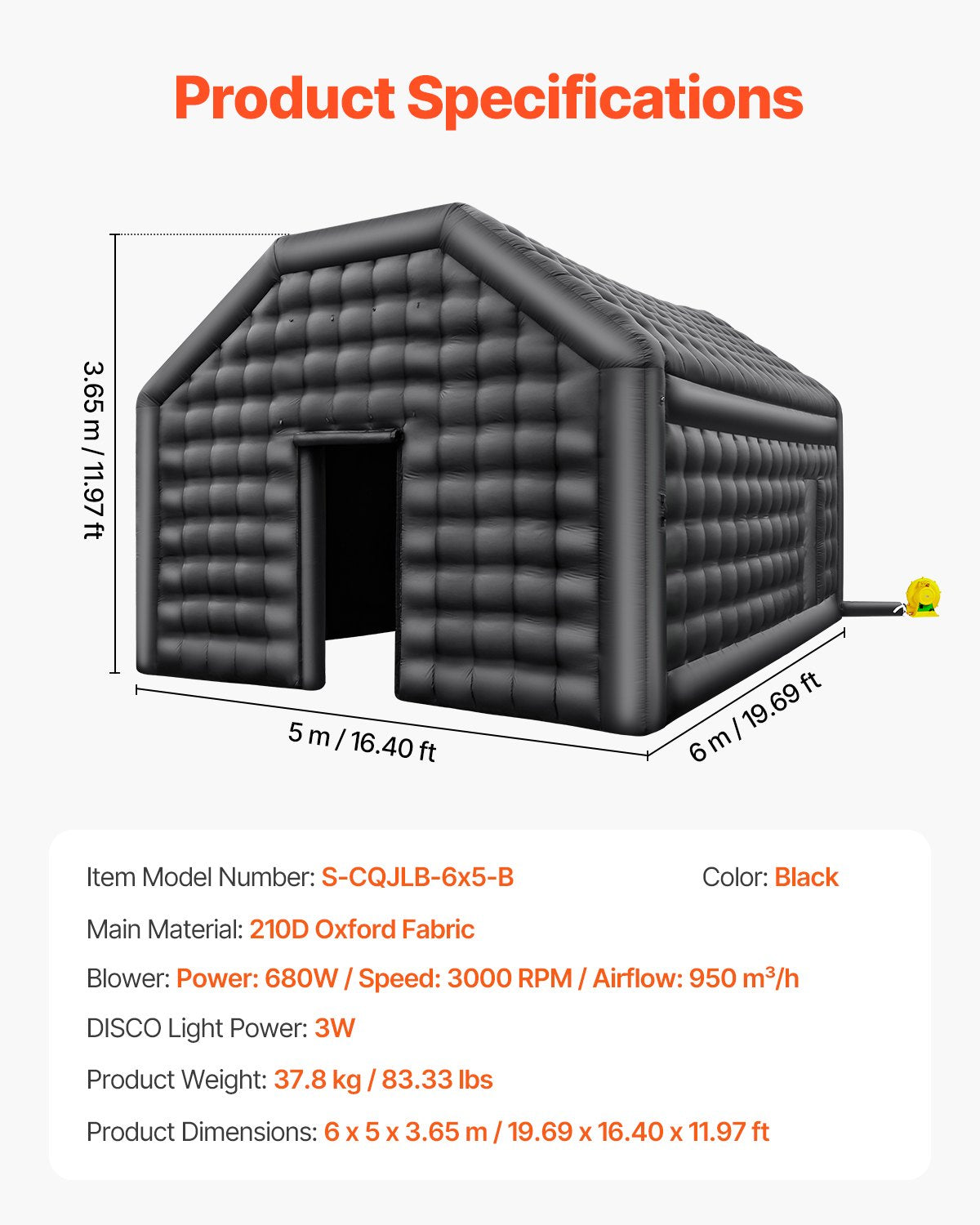 VEVOR Inflatable Nightclub, 19.7 x 16.4 x 12 Ft, Blow up Party Tent with Disco Lights & 680W Blower, Large Inflatable Night Club Tent for Adults, Inflatable House Air Cube for Wedding Birthday Black - CQJLB65366MH27IOOV1 - view 8