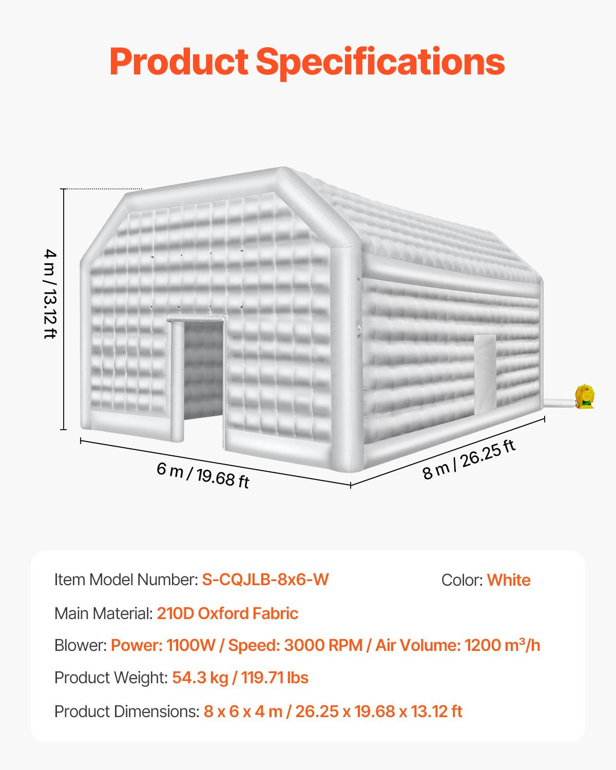 VEVOR Inflatable Nightclub, 26.2 x 19.7 x 13.1 Ft, Blow up Party Tent with 1100W Blower, Large Inflatable Night Club Tent for Adults, Easy Setup Inflatable House Air Cube for Wedding Birthday White - CQJLB864MBS0VLD1XV1 - view 8
