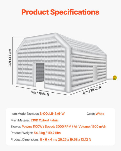 VEVOR Inflatable Nightclub, 26.2 x 19.7 x 13.1 Ft, Blow up Party Tent with 1100W Blower, Large Inflatable Night Club Tent for Adults, Easy Setup Inflatable House Air Cube for Wedding Birthday White - CQJLB864MBS0VLD1XV1 - view 8