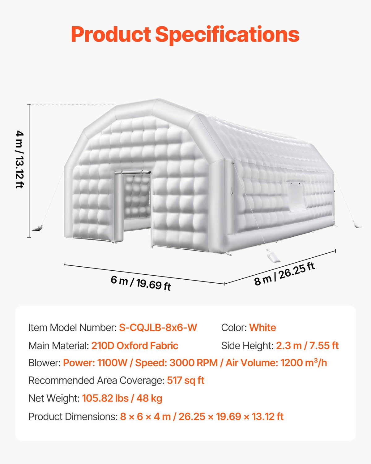 VEVOR Inflatable Nightclub, 26.2 x 19.7 x 13.1 ft Inflatable Party Tent with 1100W Blower & Sandbag, Blow up Night Club with 2 Windows, Air Cube House for Event Birthday Wedding Party, White - CQJLB864MBSGIH23Q001V1 - view 8