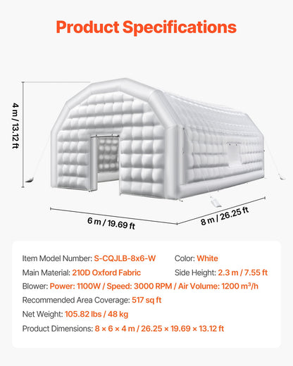 VEVOR Inflatable Nightclub, 26.2 x 19.7 x 13.1 ft Inflatable Party Tent with 1100W Blower & Sandbag, Blow up Night Club with 2 Windows, Air Cube House for Event Birthday Wedding Party, White - CQJLB864MBSGIH23Q001V1 - view 8