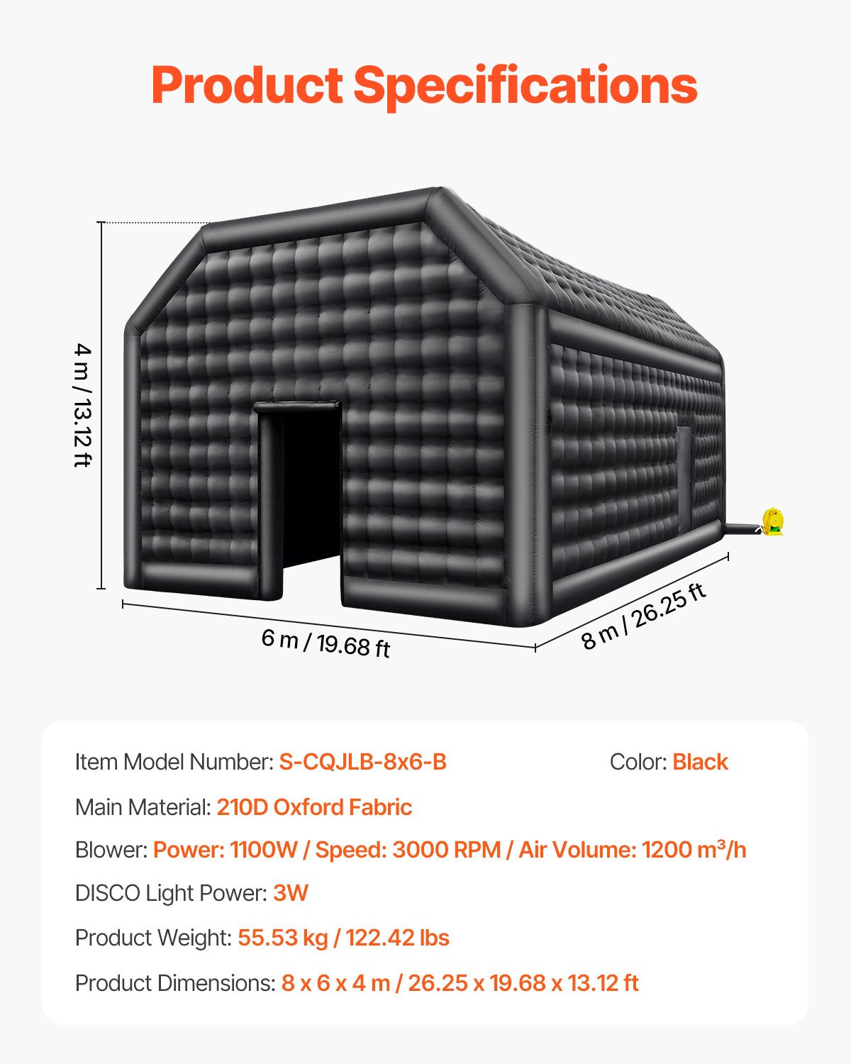 VEVOR Inflatable Nightclub, 26.2 x 19.7 x 13.1 Ft, Blow up Party Tent with Disco Lights & 1100W Blower, Large Inflatable Night Club Tent for Adults, Inflatable House Cube for Wedding Birthday Black - CQJLB864MHS04OEYGV1 - view 8