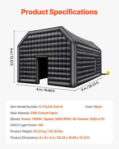 VEVOR Inflatable Nightclub, 26.2 x 19.7 x 13.1 Ft, Blow up Party Tent with Disco Lights & 1100W Blower, Large Inflatable Night Club Tent for Adults, Inflatable House Cube for Wedding Birthday Black - CQJLB864MHS04OEYGV1 - view 8
