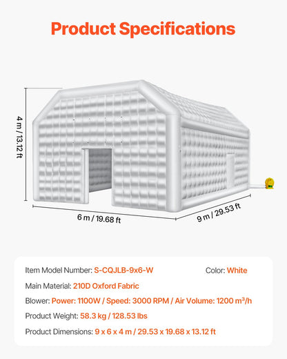 VEVOR Inflatable Nightclub, 29.5 x 19.7 x 13.1 Ft, Blow up Party Tent with 1100W Blower, Large Inflatable Night Club Tent for Adults, Easy Setup Inflatable House Air Cube for Wedding Birthday White - CQJLB964MBS0JV7TDV1 - view 8
