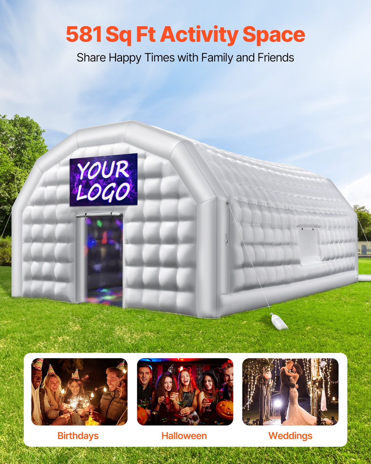 VEVOR Inflatable Nightclub, 29.5 x 19.7 x 13.1 ft Inflatable Party Tent with 1100W Blower & Sandbag, Blow up Night Club with 2 Windows, Air Cube House for Event Birthday Wedding Party, White - CQJLB964MBSGG4YOB001V1 - view 3