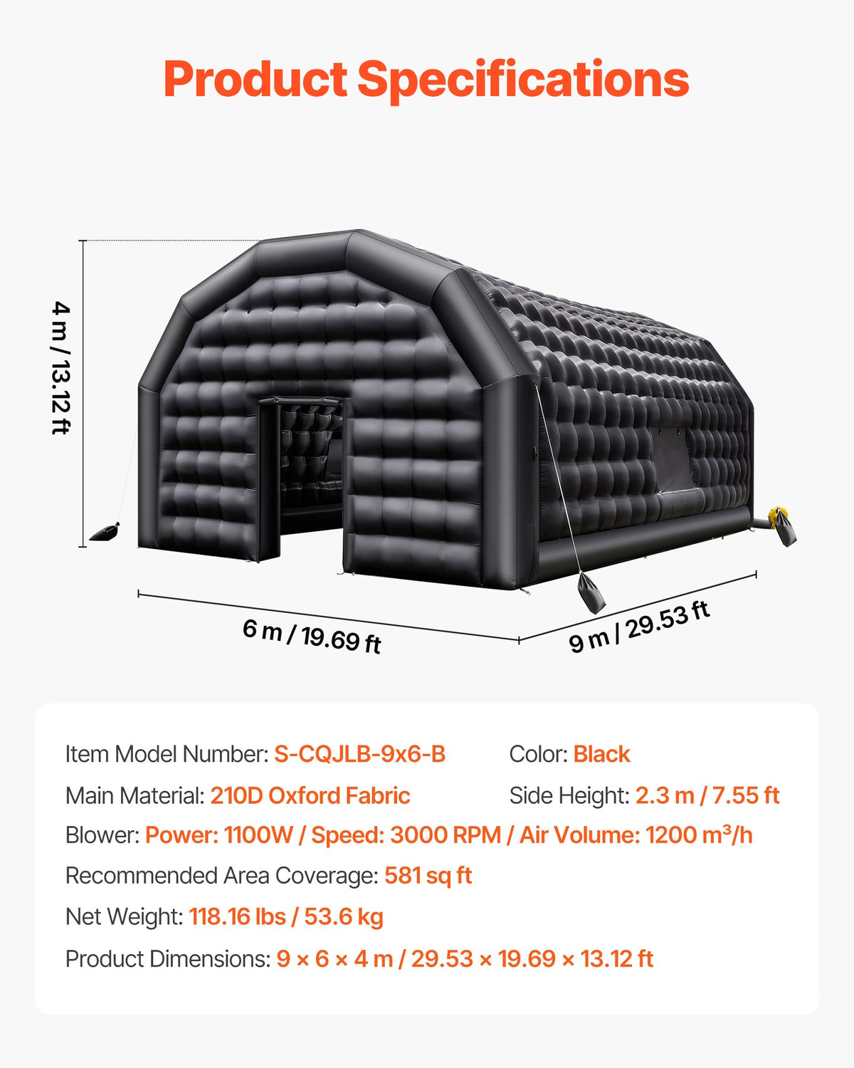 VEVOR Inflatable Nightclub, 29.5 x 19.7 x 13.1 ft Inflatable Party Tent with 1100W Blower & Sandbag, Ventilated Blow up Night Club with 2 Windows, Air Cube House for Event Birthday Wedding Party - CQJLB964MHSGL0GAR001V1 - view 8