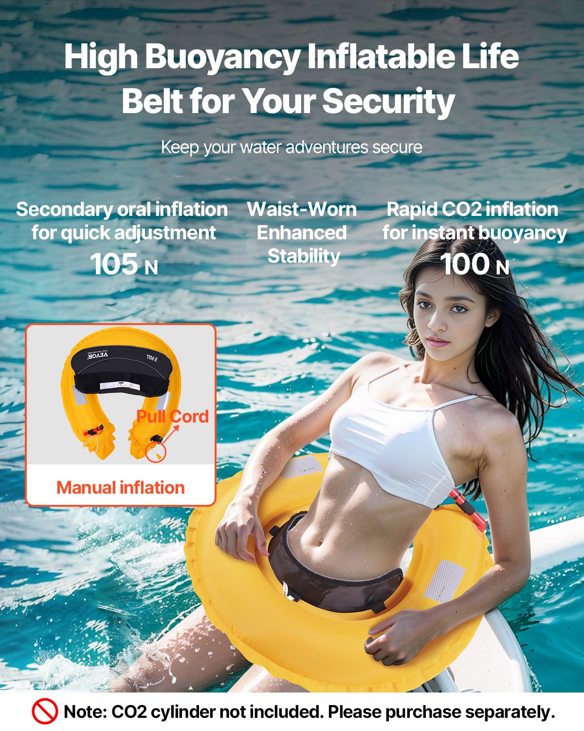 VEVOR Manual Inflatable Belt Pack for Adults, 105N Buoyancy, Over 80 Pounds and Up to 59 in Waist Adjustable, Inflatable PFD Waist for SUP Paddelboarding, Kayaking, Black (CO2 Cylinder Not Included) - CQJSYBHWDCQY5PRD7V0 - view 3